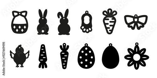 Set of vector Easter designs of earrings, pendant or keychain. Jewelry cutting template. Laser cut with leather, wood or metal. Beautiful hanging bijouterie stencils
