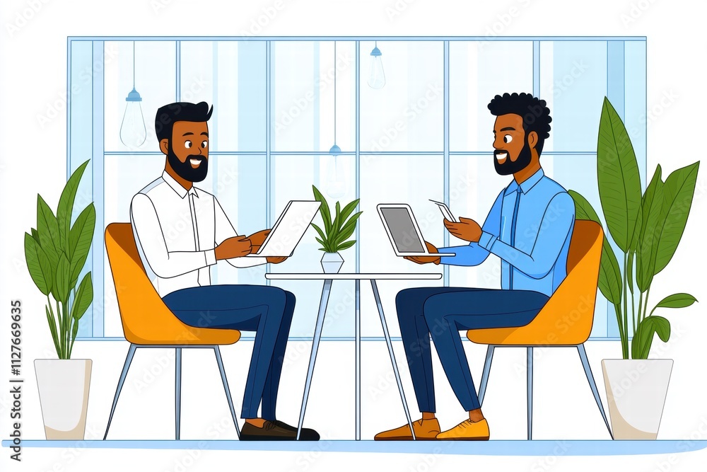 Two Businessmen Collaborating on Projects in Modern Office Two Businessmen Collaborating on Projects in Modern Office