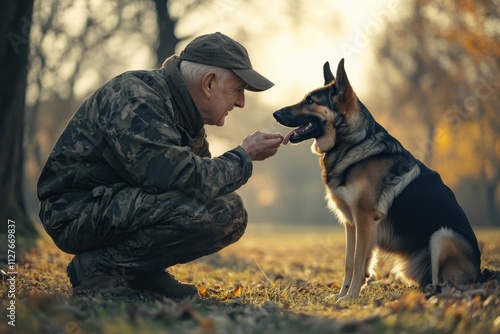 Veteran with service dog in soft natural light, bond between human and animal , with copy space photo