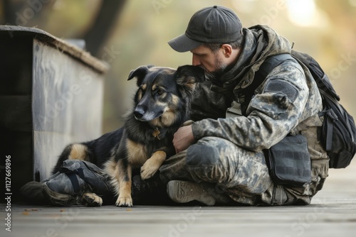 Veteran with service dog in soft natural light, bond between human and animal , with copy space photo