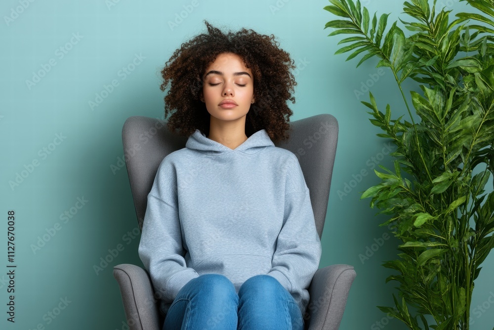 Serene Young Woman Meditating in Armchair Serene Young Woman Meditating in Armchair