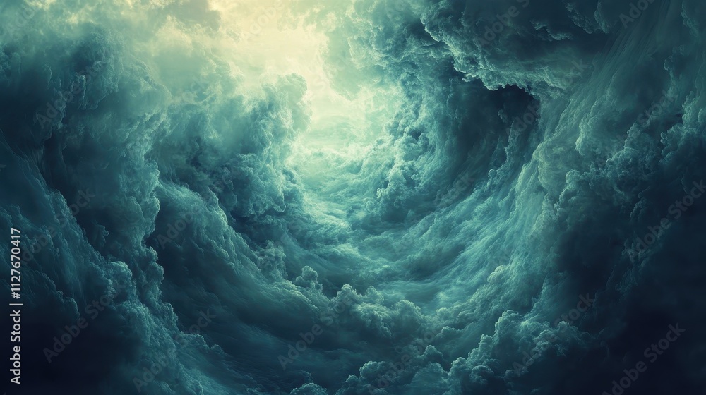 Dramatic Teal Cloudscape Swirling Towards Light Dramatic Teal Cloudscape Swirling Towards Light