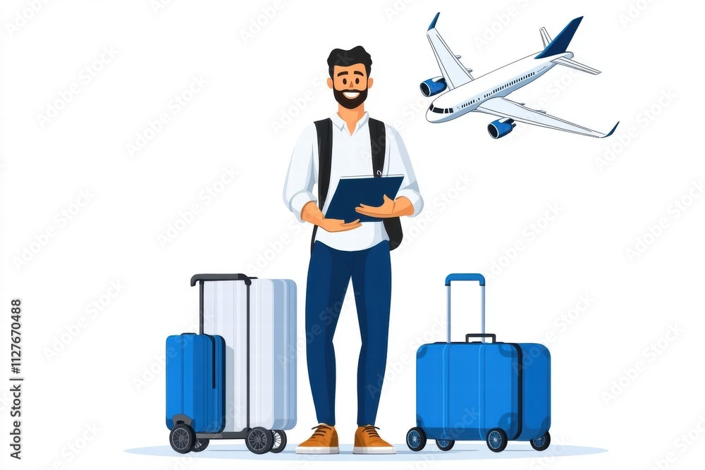 Happy Traveler with Luggage Ready for Flight Happy Traveler with Luggage Ready for Flight