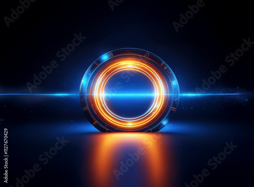 A glowing circular portal, metallic and futuristic, emits vibrant orange and blue light.  Its reflective surface rests on a dark, sleek floor, creating a striking visual effect.  The scene evokes a se photo