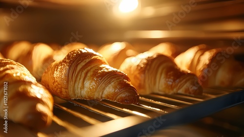 Golden croissants baking on a rack in a warm oven. photo