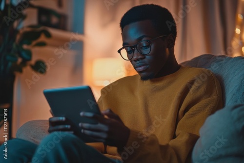 Young adult attending online therapy session on tablet captured during warm indoor lighting, with copy space photo