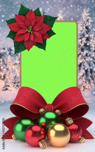 Holiday frame with winter scenery red ribbon and gold decoration. Festive holiday photography concept with decretive high end luxury decor with blank empty customizable text space and green screen.  photo