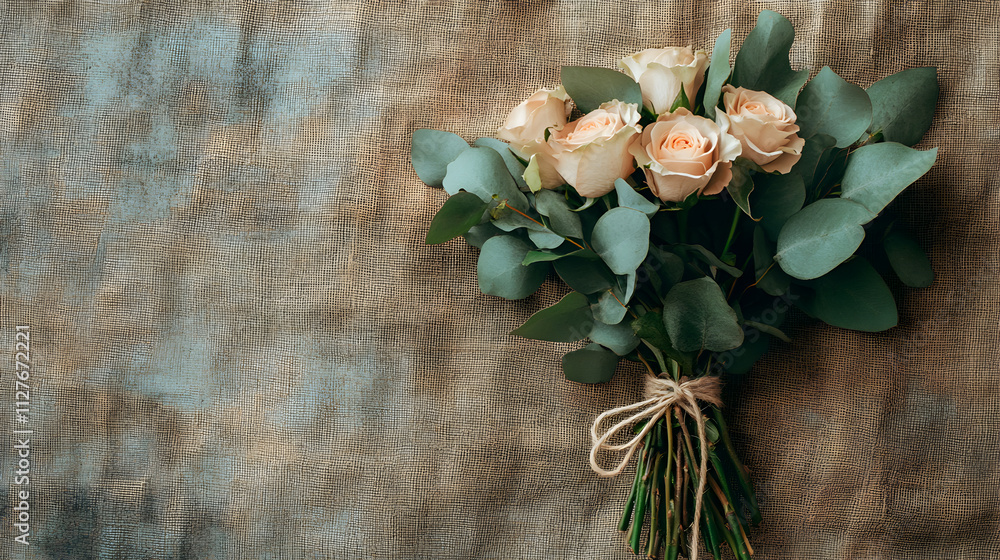 Bouquet of peach roses and eucalyptus lying on rustic canvas background Bouquet of peach roses and eucalyptus lying on rustic canvas background