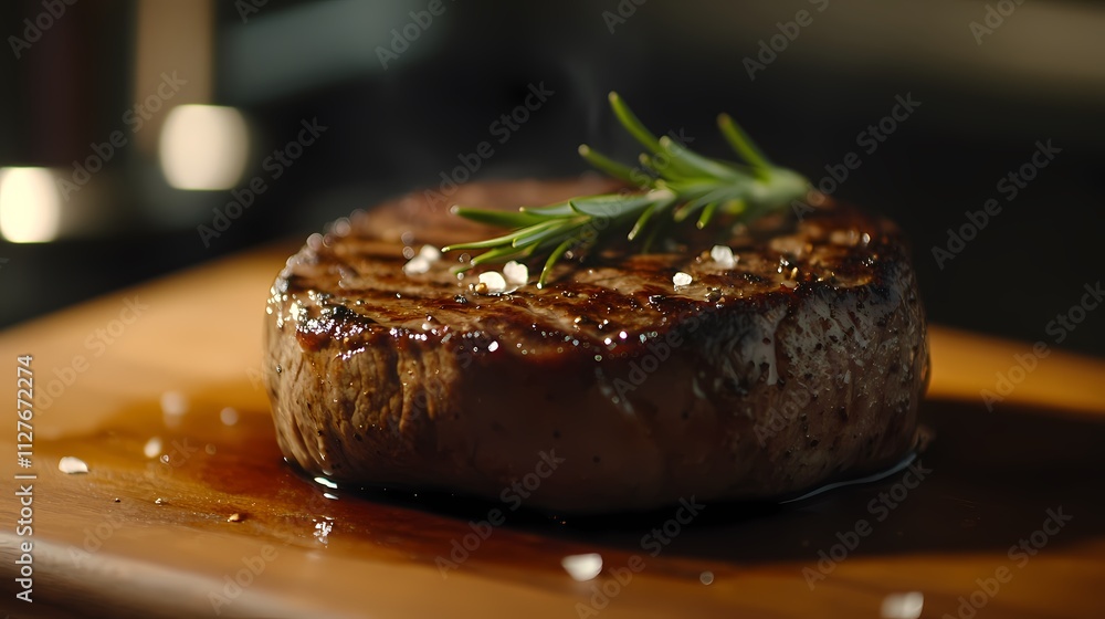 Grilled steak with rosemary and sea salt on wooden board. Grilled steak with rosemary and sea salt on wooden board.