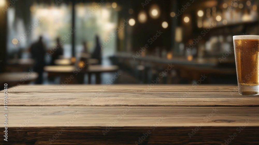 Wooden table top in restaurant. Blurry background shows festive interior with people. Empty space for mockup product on restaurant table. Night atmosphere. Modern eatery with warm lighting. Relaxed Wooden table top in restaurant. Blurry background shows festive interior with people. Empty space for mockup product on restaurant table. Night atmosphere. Modern eatery with warm lighting. Relaxed