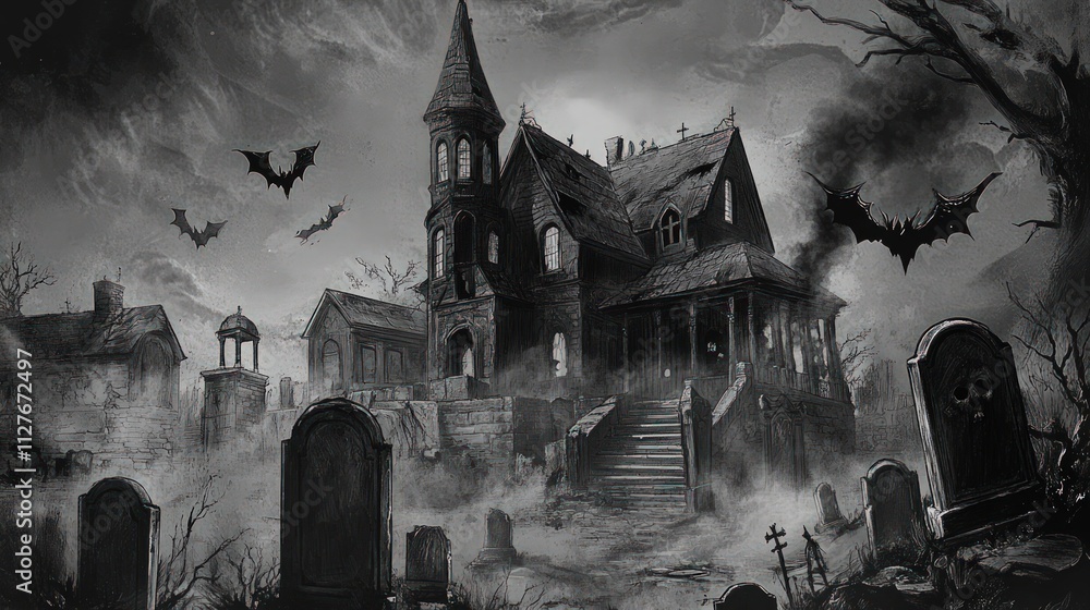 Haunted mansion, graveyard, bats, ominous sky. Haunted mansion, graveyard, bats, ominous sky.