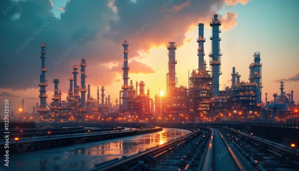 Fototapeta premium Industrial plant at sunset. Refinery complex with lights glowing. Railroad tracks beside water. Future energy industry concept. Engineers, technicians work in plant. Modern factory, gas,