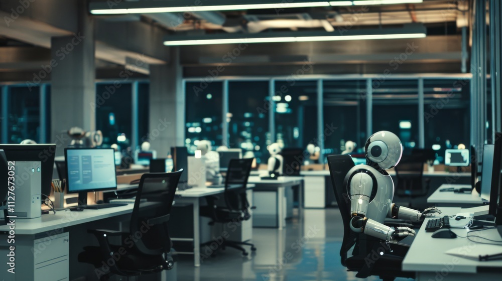 Robots at desks symbolize automated customer support in digital transformation. Robots at desks symbolize automated customer support in digital transformation.