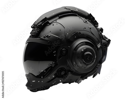 A futuristic black helmet designed for advanced technology and protection isolated on a white background, png transparent photo