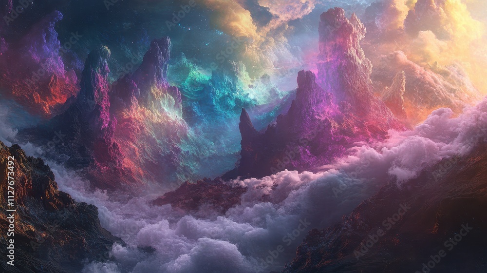 Colorful Mountains Rise Above Cloudscape Underneath Starry Sky Colorful Mountains Rise Above Cloudscape Underneath Starry Sky