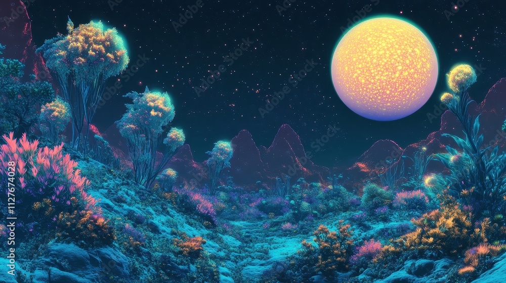 Fototapeta premium Alien Landscape Underneath A Glowing Moon