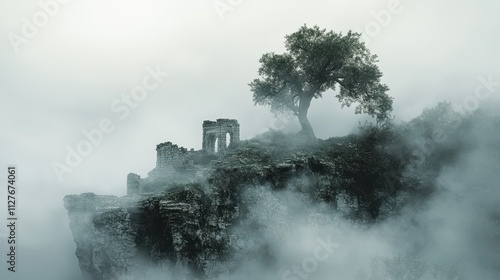 Ancient Ruins and Lone Tree on Misty Mountaintop