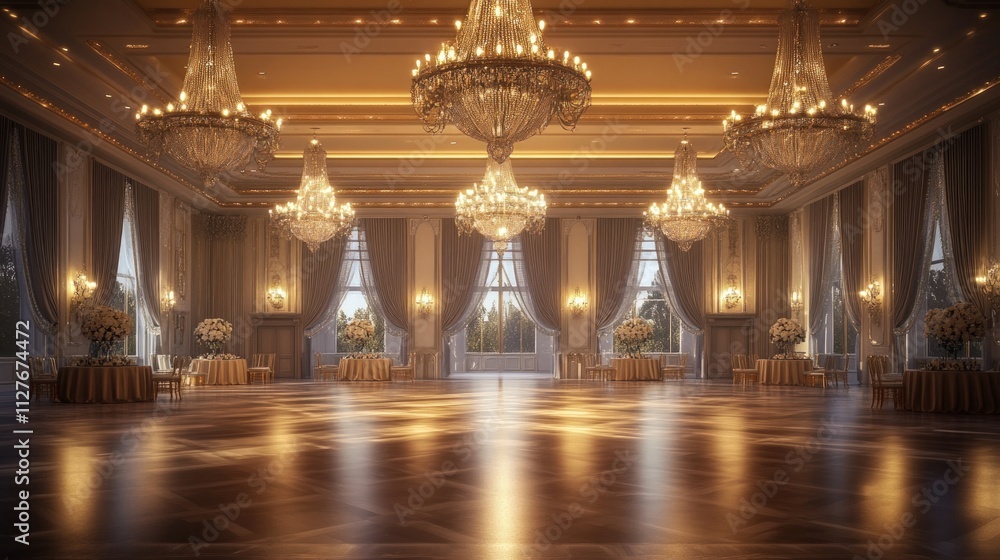 Fototapeta premium Grand ballroom, chandeliers, elegant decor, soft lighting.