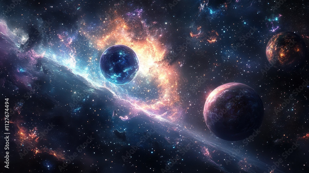 Celestial Bodies Orbiting Within A Vibrant Nebula Celestial Bodies Orbiting Within A Vibrant Nebula