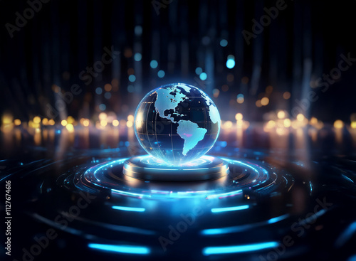 A futuristic digital globe hovers on a glowing platform, surrounded by vibrant, abstract light streaks.  The scene evokes themes of global connection and technological advancement. photo