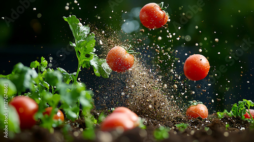 Fresh tomatoes being scattered in garden bed, showcasing vibrant colors and rich soil. scene captures joy of gardening and nature bounty