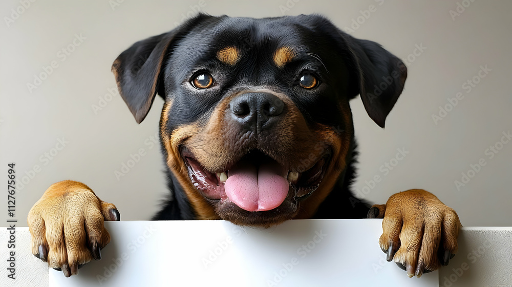 Happy Rottweiler Puppy Holds Sign, Adorable Pet Happy Rottweiler Puppy Holds Sign, Adorable Pet