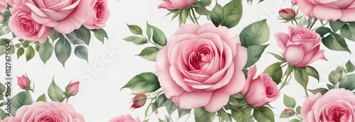 Vintage style watercolour design with pink roses and hearts on a white backdrop, wedding, feminine, pastel