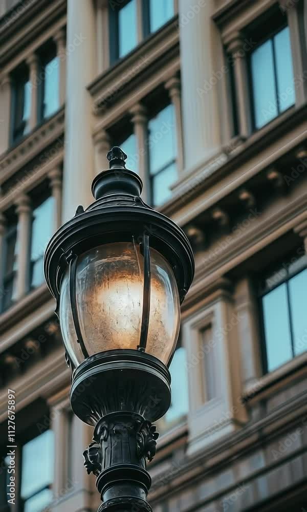 Urban streetlight illuminates historic architecture in downtown district during evening hours Urban streetlight illuminates historic architecture in downtown district during evening hours