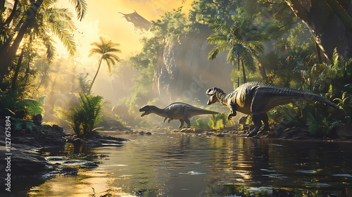 Fototapeta Naklejka Na Ścianę i Meble -  Triassic period dinosaurs thriving in a rich ecosystem and evolutionary boom. Eon. Illustration
