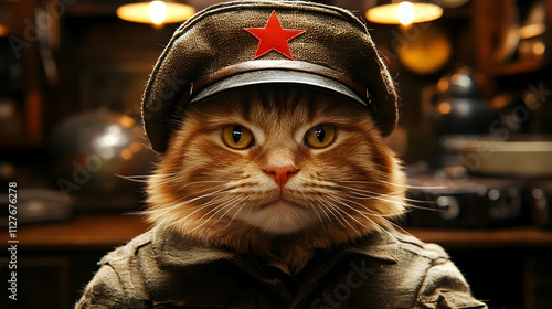 Ginger Cat in Uniform: A Feline Officer's Serious Gaze, Military Style