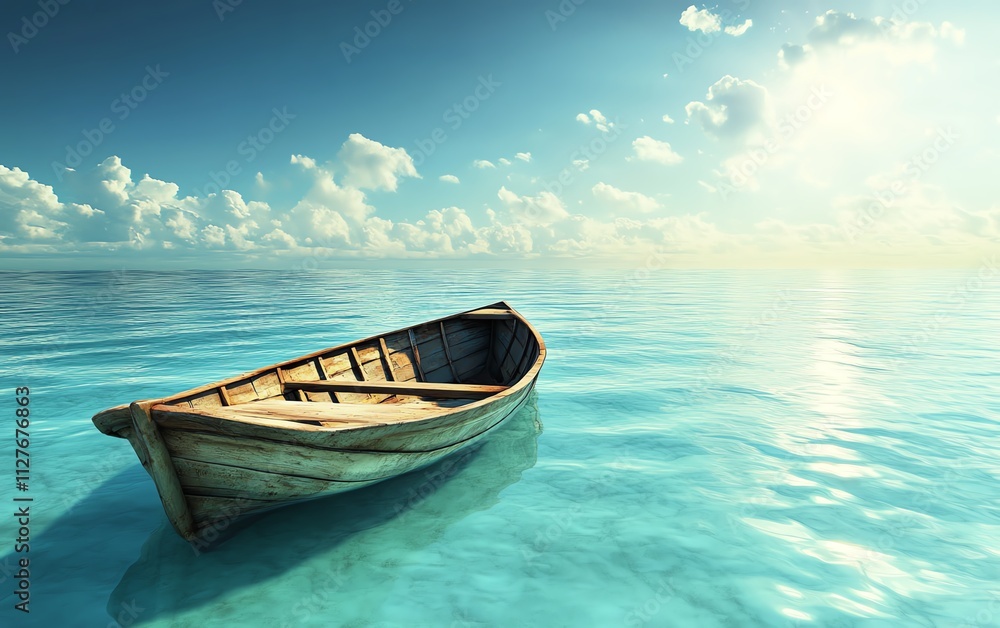 A traditional rowboat with its bow pointed toward the observer on a calm turquoise ocean, subtle waves, tropical vibes, bright sunlight, hyperrealistic, serene atmosphere A traditional rowboat with its bow pointed toward the observer on a calm turquoise ocean, subtle waves, tropical vibes, bright sunlight, hyperrealistic, serene atmosphere