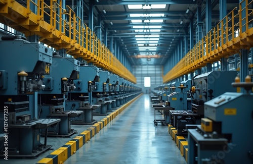 Industrial metal stamping facility. Rows of automated stamping machines. Modern manufacturing process. Heavy machinery. Precision engineering. Steel components. Factory interior. Production line. photo