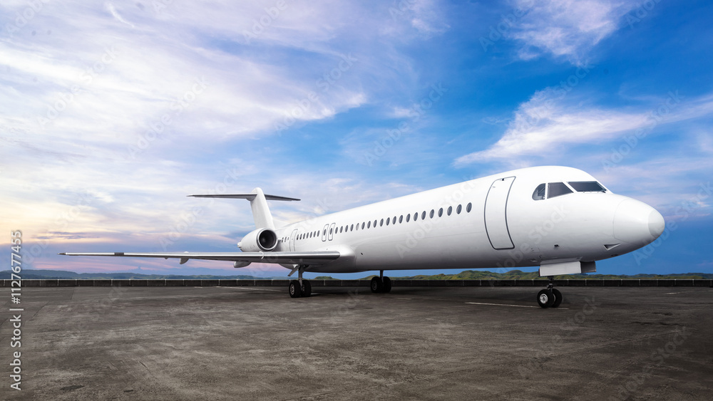 Commercial airplane on the runway with a blue sky background Commercial airplane on the runway with a blue sky background