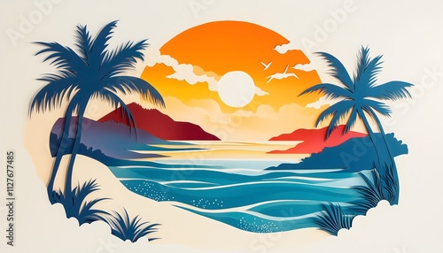 A paper cut illustration of a tropical beach landscape during a sunset centered on a white background