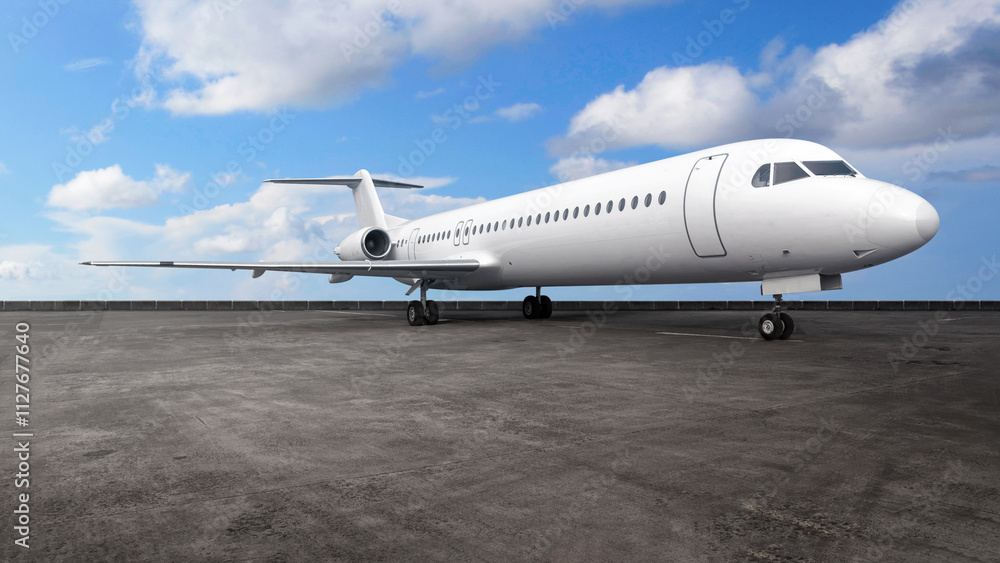 Commercial airplane on the runway with a blue sky background Commercial airplane on the runway with a blue sky background