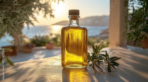 Golden olive oil bottle at sunset.