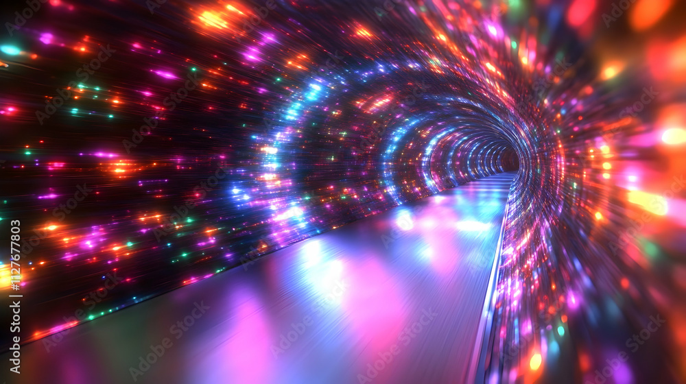 Fototapeta premium Vibrant Neon Tunnel: Light Show Journey Through Colorful Space