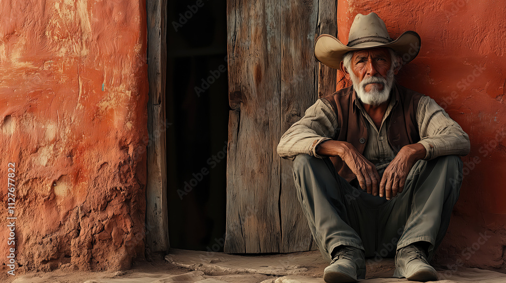 Rustic Portrait of an Elderly Cowboy in Front of a Weathered Adobe Wall Rustic Portrait of an Elderly Cowboy in Front of a Weathered Adobe Wall