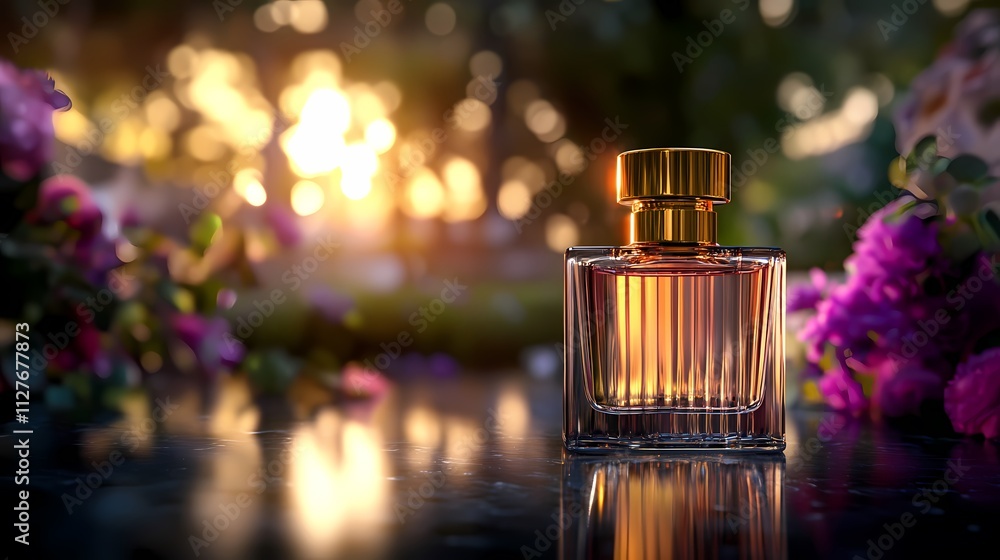 Perfume bottle with flowers at sunset. Perfume bottle with flowers at sunset.