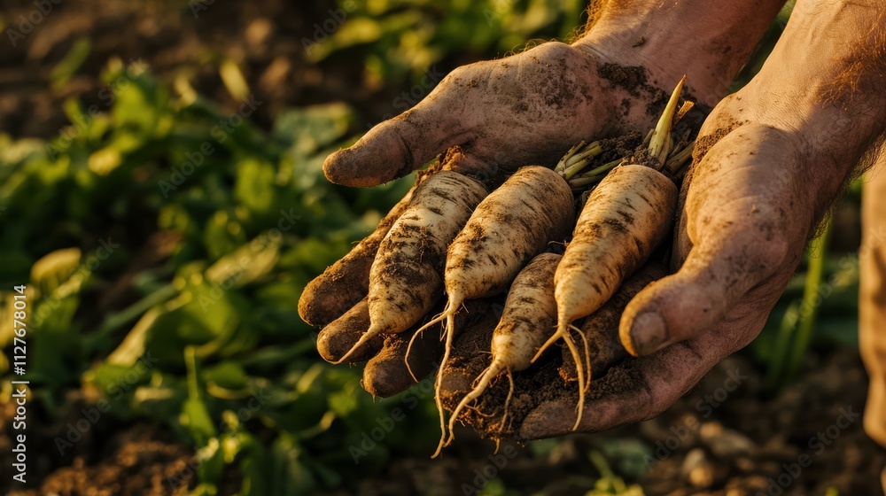 A close-up shot of freshly harvested root vegetables cradled in weathered hands, the rich soil still clinging to them, set against a verdant agricultural field in the background A close-up shot of freshly harvested root vegetables cradled in weathered hands, the rich soil still clinging to them, set against a verdant agricultural field in the background