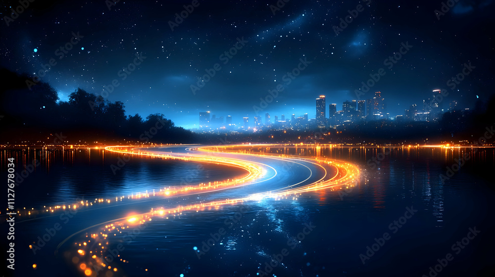 Night Cityscape: Glowing Road Curves Through Lake, Starry Night Night Cityscape: Glowing Road Curves Through Lake, Starry Night