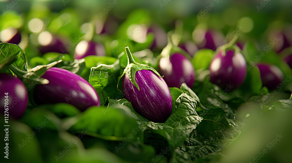 Fresh purple eggplants growing among lush green leaves in vibrant garden Fresh purple eggplants growing among lush green leaves in vibrant garden