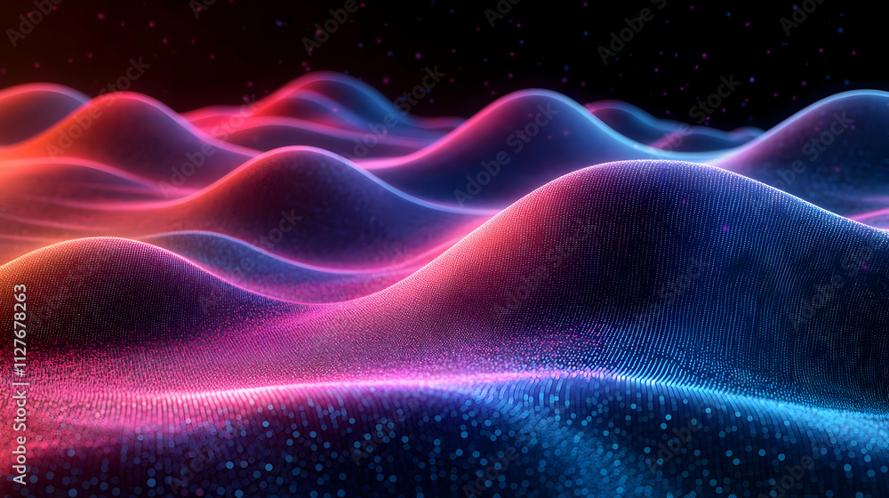 Abstract Waves: Digital Particle Flow, Neon Hues, Glowing Energy, Dynamic Motion, Futuristic Design, Vivid Colors, Seamless Loop, 3D Animation, Abstract Background, Vibrant Texture