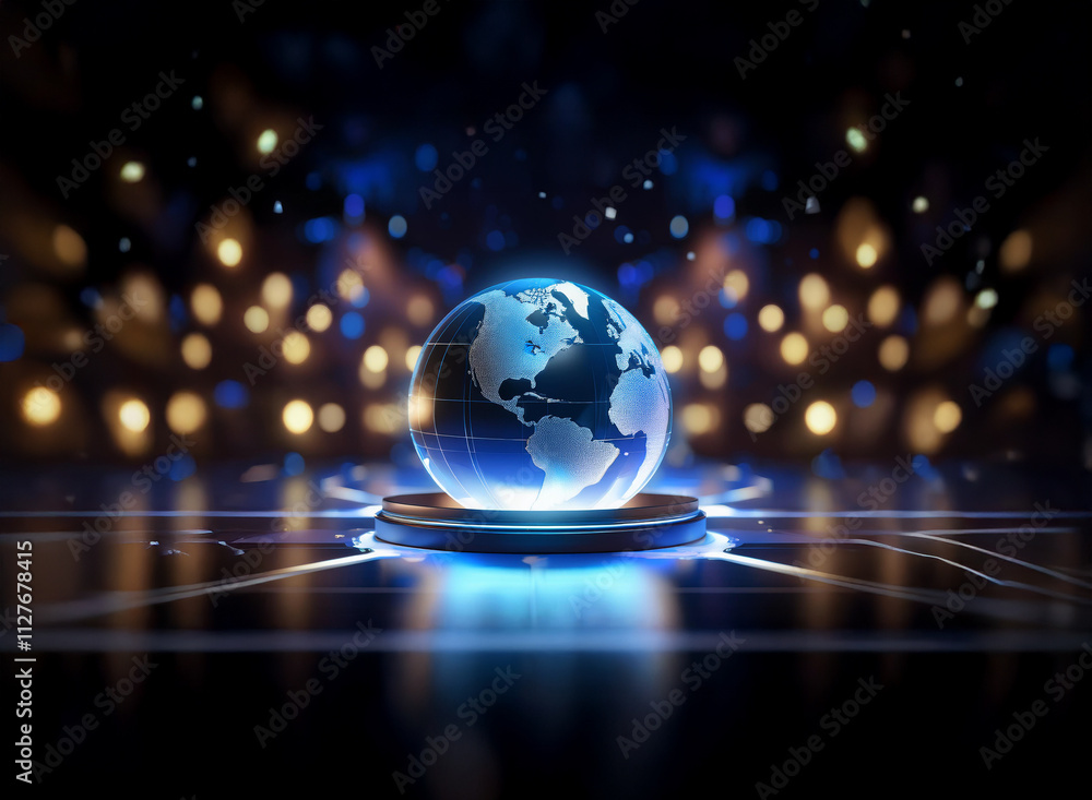 A luminous glass globe rests on a glowing platform, surrounded by a bokeh of warm and cool lights, suggesting global connectivity and technological advancement. A luminous glass globe rests on a glowing platform, surrounded by a bokeh of warm and cool lights, suggesting global connectivity and technological advancement.