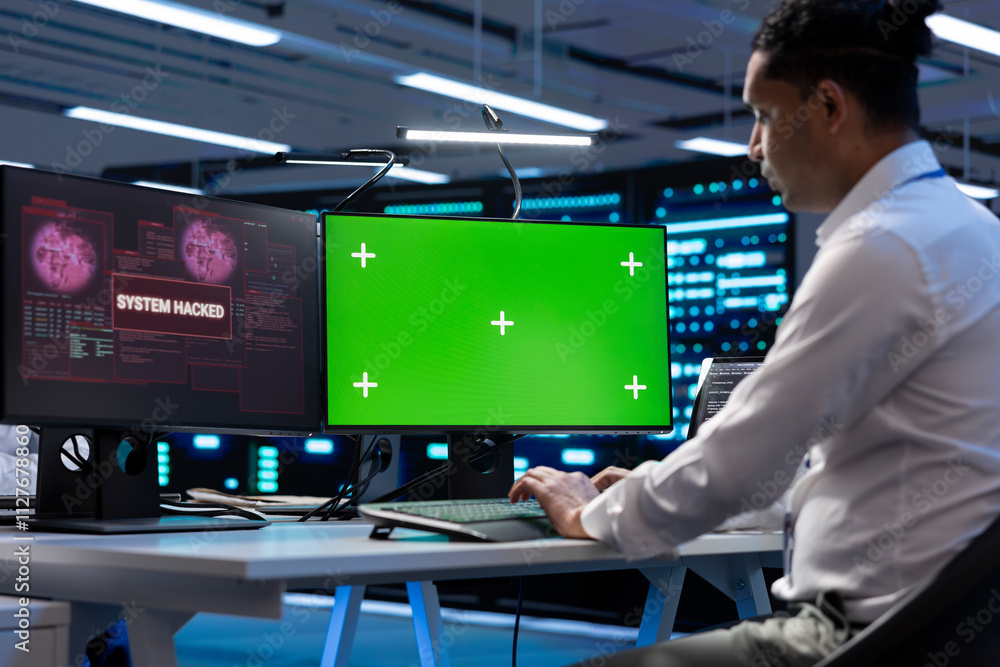Technician in server farm using isolated screen PC to stop hacker passing company firewall and stealing sensitive user data. IT staff member looking at chroma key computer, seeing security breach Technician in server farm using isolated screen PC to stop hacker passing company firewall and stealing sensitive user data. IT staff member looking at chroma key computer, seeing security breach