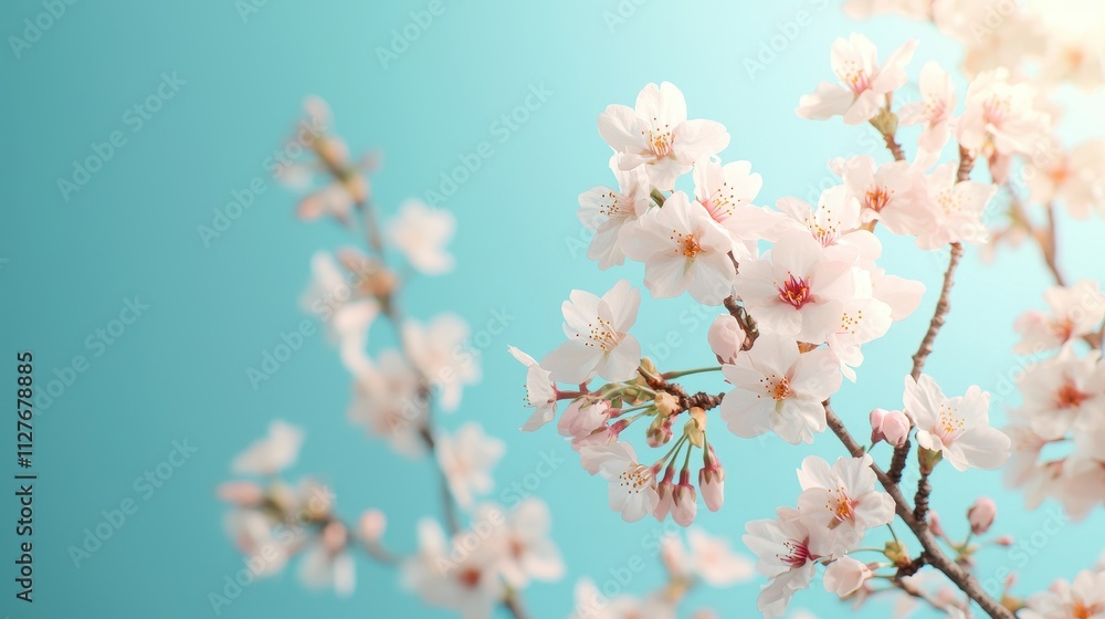 Delicate Cherry Blossom Flowers Against a Light Blue Background Delicate Cherry Blossom Flowers Against a Light Blue Background