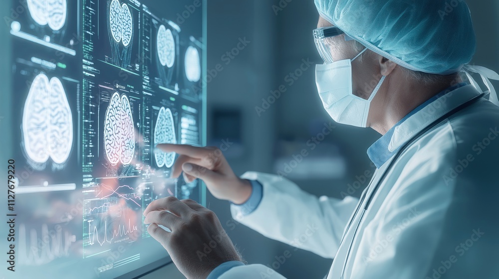 Surgeon interacts with 3D holographic brain data on touch screen. Medical tech future. Doctor analyzes patient brain records using augmented reality interface. Healthcare research shows network Surgeon interacts with 3D holographic brain data on touch screen. Medical tech future. Doctor analyzes patient brain records using augmented reality interface. Healthcare research shows network
