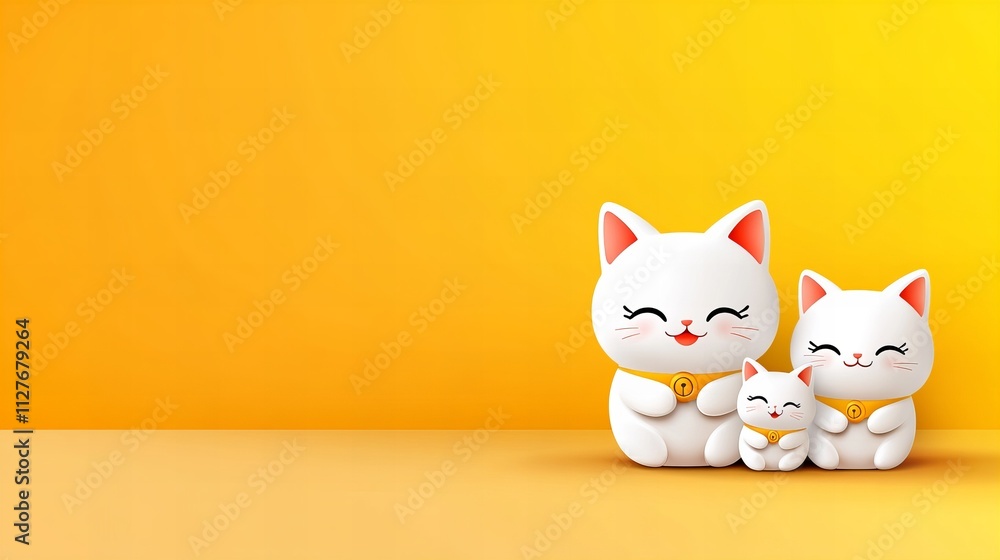 Cute white ceramic cats with smiling faces on a bright yellow background. Cute white ceramic cats with smiling faces on a bright yellow background.