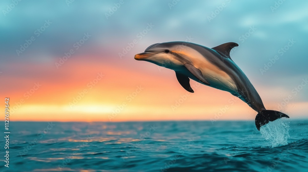 Fototapeta premium Dolphin Leaping Mid-Air Against Sunset Horizon