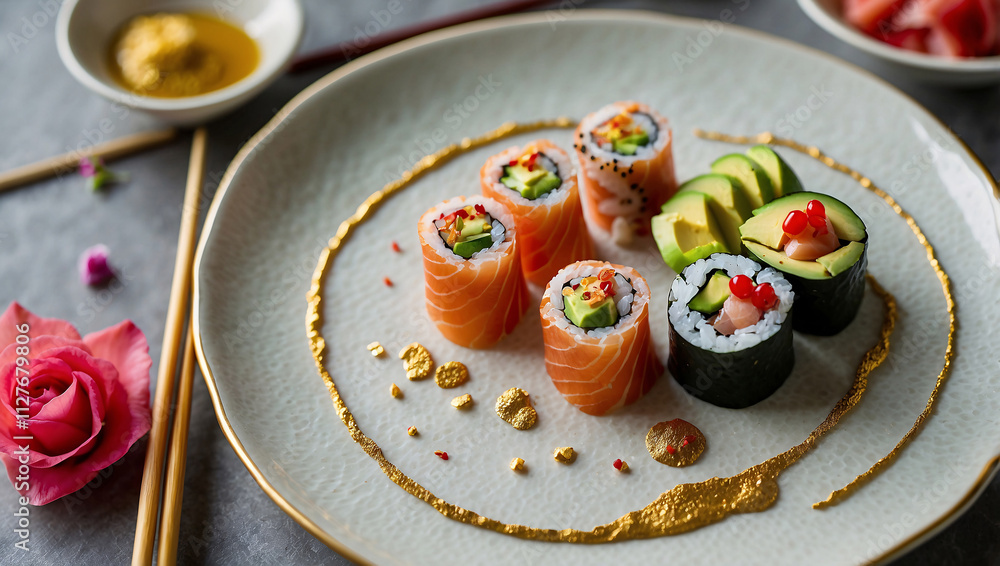 Fototapeta premium Artistic Sushi Arrangement with Gold Flakes